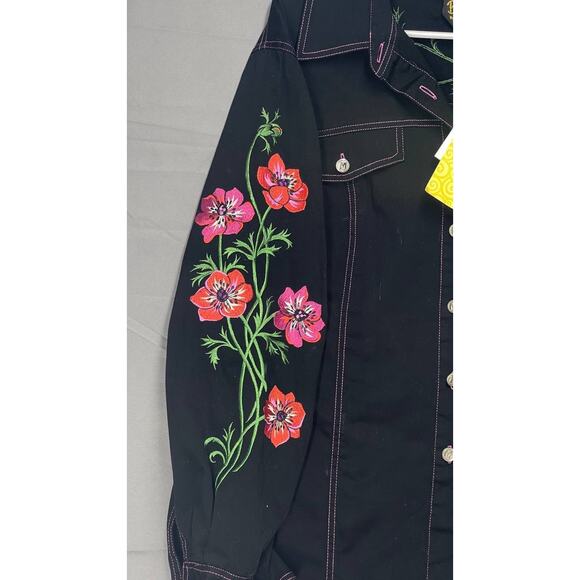 Bob Mackie Wearable Art Button Up Black Denim Jacket Embroidered Florals 1X EUC - Picture 7 of 9